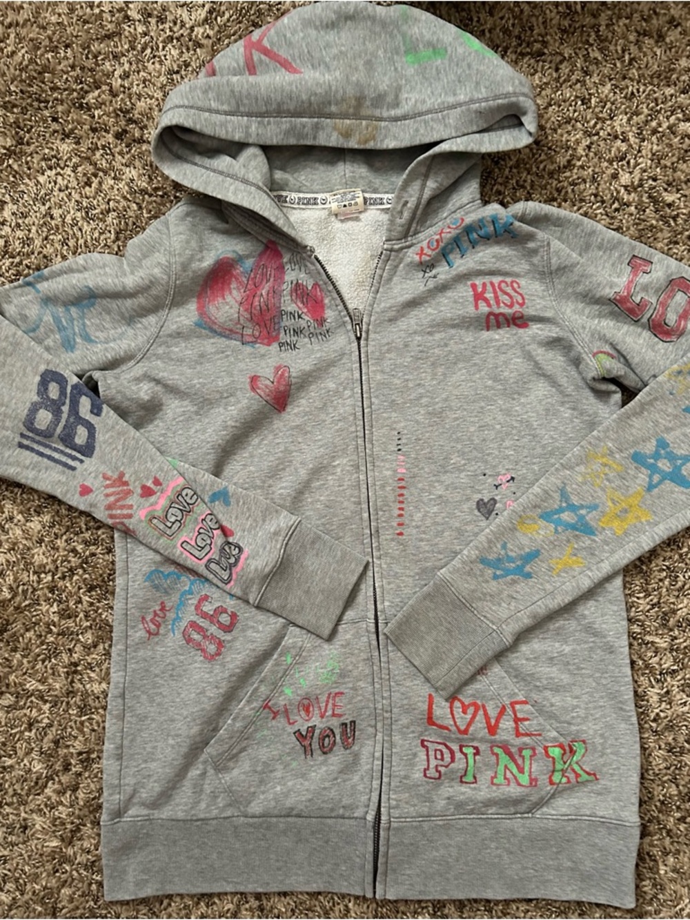 PINK Victoria's Secret Grey Zip-Up Hoodie with Multicolor Heart & Love Graphics